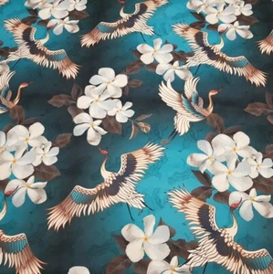 Printed velour velvet upholstery fabric Crane birds on Blue Turquoise 355g - Picture 1 of 10