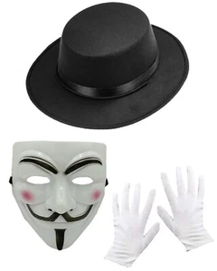 V for Vendetta Guy Anonymous Hacker Halloween Elegante Máscara de Vestido, Sombrero y Guantes Set - Imagen 1 de 4