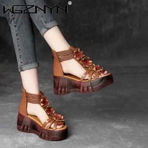 Retro Summer Women Platform Sandals PU Leather Open Toe Shoes Casual High Heel - Picture 1 of 23