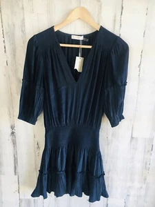 NWT $395 Ramy Brook Smocked Mini Party Dress Blouson Navy Blue Elbow Sleeve XS - Picture 1 of 13