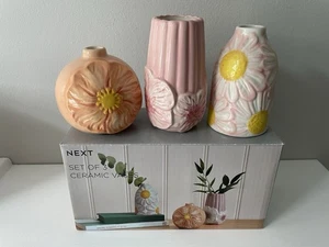 Next Set Of 3 Small Ceramic Hand Painted Flower Vases - New/Boxed - Picture 1 of 8