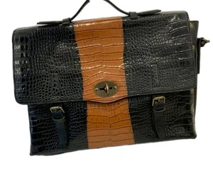 Dries Van Noten Leather Croc Embossed Two-Tone Briefcase Handbag Black Brown #3 - Picture 1 of 15