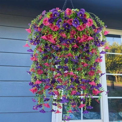 Flores colgantes artificiales de la gloria de la mañana, flores colgantes artificiales realistas. Foto 1 de 4