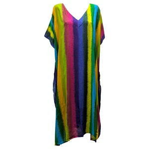 Womens Plus Size Kaftan Rainbow Multi Coloured Print Maxi Free Size Up To 34 - Picture 1 of 1