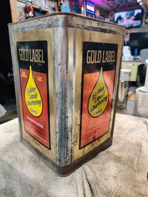 Lata/estaño de aceite manteca líquida Kraft etiqueta dorada vintage de 5 galones Foto 1 de 4