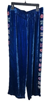 Pantalón Johnny Was L Grande Nikkola Azul Bordado Terciopelo Pierna Ancha $295 Foto 1 de 4