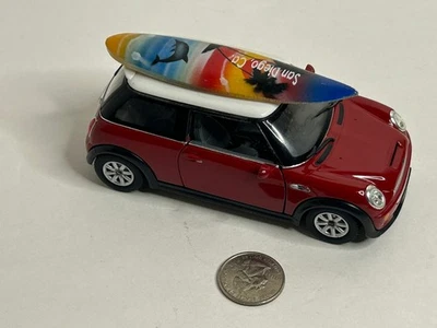 MINI COOPER S 1/28 SCALE DIECAST KINSMART RED w San Diego Surfboard NICE! - Image 1 of 4