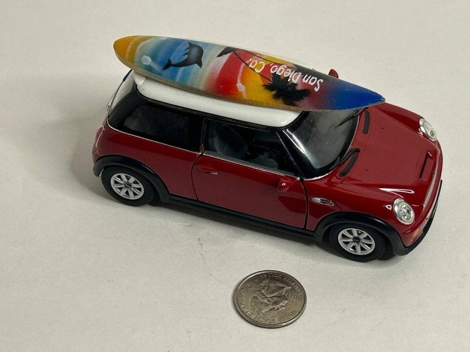MINI COOPER S 1/28 SCALE DIECAST KINSMART RED w San Diego Surfboard NICE! - Image 1 of 4