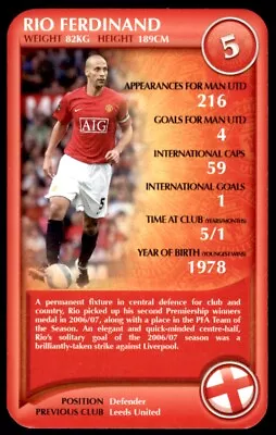 Top Trumps - Manchester United F.C. (2008) Rio Ferdinand No. 5 - Image 1 of 2