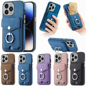Leather Ring Stand Card Slot Phone Case For iPhone 12 13 11 14 15 Pro Max XR 7 8 - Picture 1 of 17