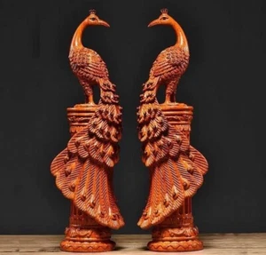 Coppia 8" Statua di pavone intagliato legno cinese Hua Li decorazione casa - Foto 1 di 4