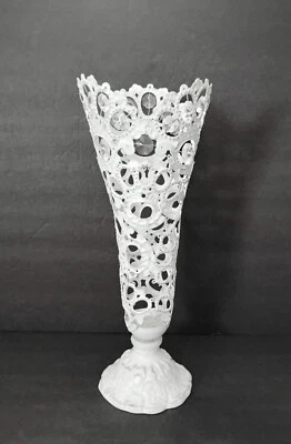 French Country/Boho Chic Open Weave/Lace 12' White Metal Vase - Image 1 of 4