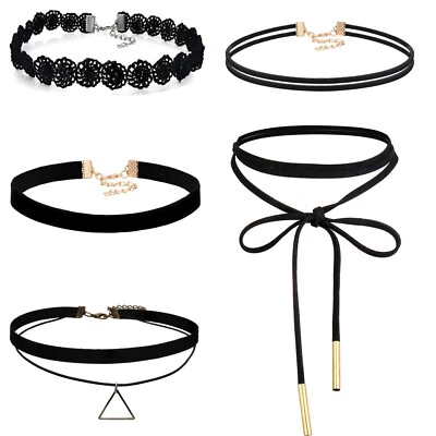 Lindo collar gargantilla de terciopelo negro clásico de 5 piezas collares de encaje gótico para mujer niña Foto 1 de 4