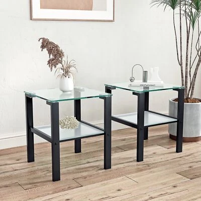 End Table Set of 2 Modern Tempered Glass Side Table with Shelf and Metal Legs - Image 1 of 4