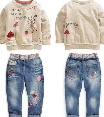 2Pcs Toddler Infant Girls Outfits Long Sleeve Tops +Denim pants Kids Clothes Set - Image 1 of 4