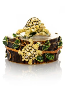 Keren Kopal Turtles on Tree Trunk Trinket Box Decorated with  Austrian Crystals - Picture 1 of 21
