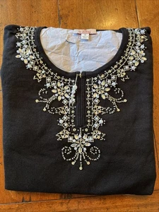 Quacker Factory Size 1X Black Long Sleeve Sparkle Rhinestone 1/4 Zip Top - Picture 1 of 7
