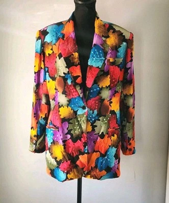 Винтажный блейзер 90-х Diane Gilman из 100% шелка с блестками яркие листья осень размер средний  - Изображение 1 из 4