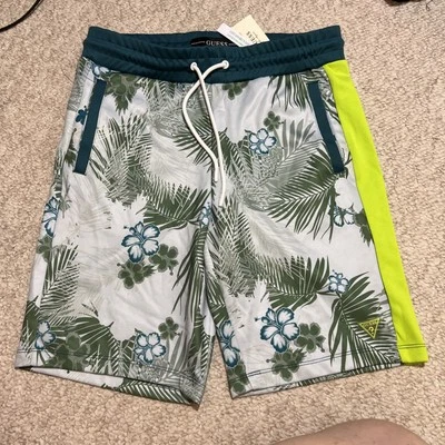GUESS Men’s Size Small Tropical Turquoise Blue Lime Stripe hibiscus oasis  - Image 1 of 4