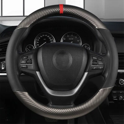 Universal 38cm 15'' Car Steering Wheel Cover Carbon Fiber   Leather Anti-slip - Image 1 of 4