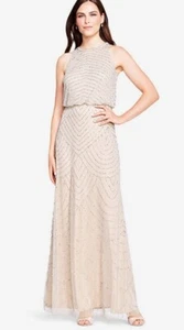 Adrianna Papell Beaded Halter Neck Evening Maxi Dress, Silver/Nude ALL SIZES - Picture 1 of 6