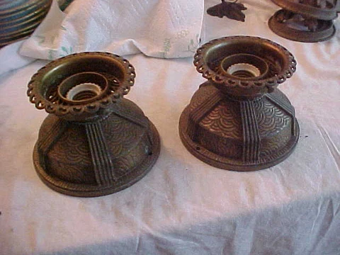 Pair GREAT Art Deco Flush Mount Electric Ceiling Fixtures w 3-1/4" Shade Holders Cover