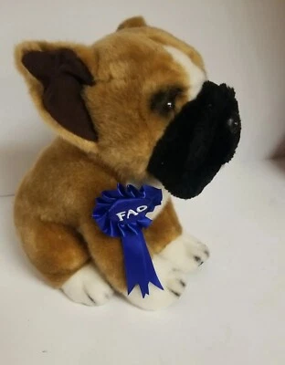 Boxer Dog FAO Schwarz Plush Blue Ribbon  Stuffed Dog  Animal 2012 Displayed only - Image 1 of 4