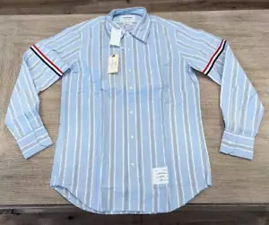 $650 Mens THOM BROWNE Striped LS Sport Shirt Light Blue 2 - Medium - Picture 1 of 7