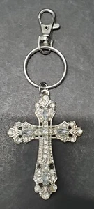 Vintage Silver Tone Costume Large Clear Rhinestone Cross Pendant keychain - Picture 1 of 4
