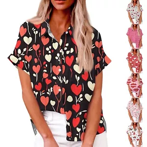 Women's Fashion Loose Casual Short Sleeve Lapel Button Down Shirt Printed - Picture 1 of 33