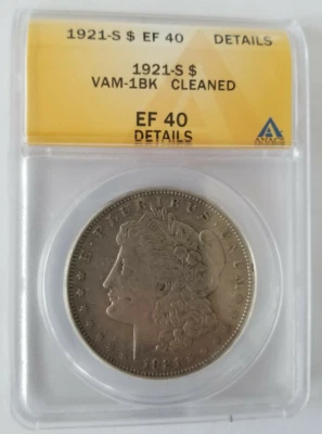 1921 - S Morgan Silver Dollar,  ANACS VAM-1BK EF40  - San Francisco Mint - Image 1 of 4