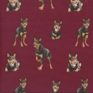 Kelpie Dogs on Burgundy Red Merino Muster Farm Quilting Fabric 1/2 Metre - Picture 1 of 1