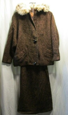 TRAJE FALDA TWEED VINTAGE AÑOS 60 CAPRICE BY BROMLEIGH MARRÓN/NEGRO DIFUSO CON PIEL  Foto 1 de 4
