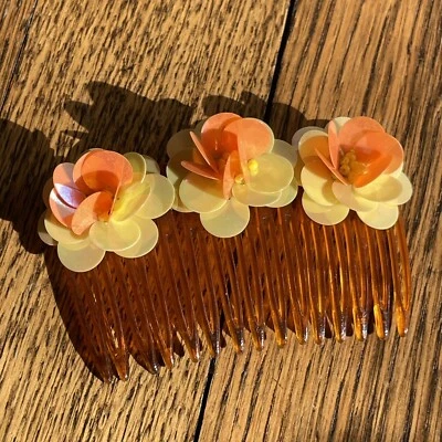 Vintage Hair Side Comb Iridescent 3D Yellow Orange Flowers Made in Hong Kong - Image 1 of 4