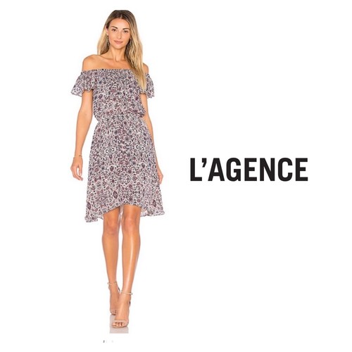 TORY BURCH Abito estivo L'AGENCE Leonie viola floreale al quarzo stampa fuori spalla taglia XS