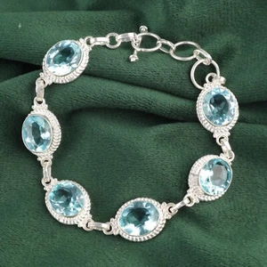 Natural Sky Blue Topaz Gemstone 925 Sterling Silver Chain Bracelet For Women - Picture 1 of 8