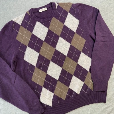 Gran Sasso Sweater Men Large Purple Argyle Diamond Cashmere Merino Grandpa Italy - Image 1 of 4