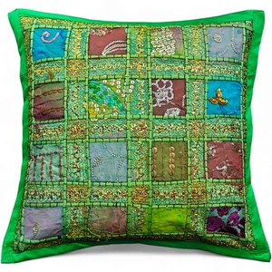 Handmade Indian Patchwork Decorative Cushion Cover - 16"x16" Boho Throw Pillow - Picture 1 of 5