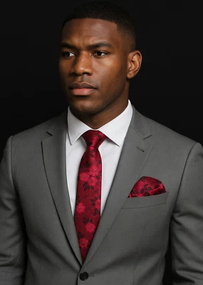 Mens Red Floral Paisley TIE & HANKY Black Silver Wedding Silk Pocket Square UK - Image 1 of 2