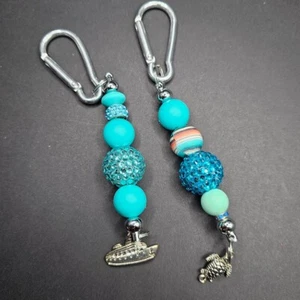 2 Key Ring Bag Charm Blue Nautical Cruise Beaded D Ring Handmade Gift Clip Gift - Picture 1 of 6
