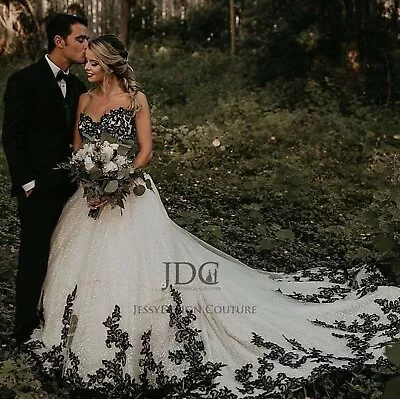 Unique Gothic Lace Wedding Dress Bridal dress Black White Sequin Custom made NEW - Image 1 of 4