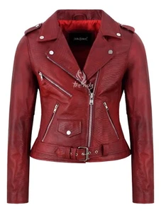 Mode-Lederjacke Damen Brando-Stil rot gewachst Schlangenmuster Biker Lammleder - Bild 1 von 4