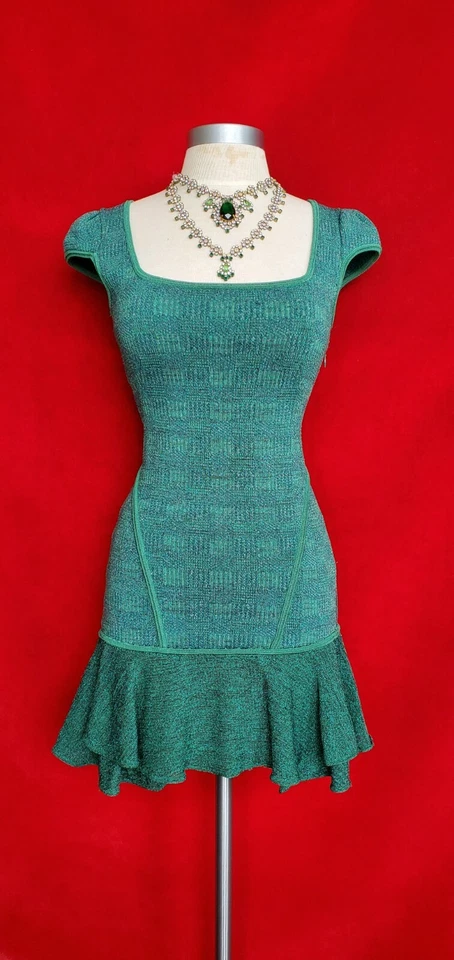 Vestido Vintage Zac Posen Verde Elástico Lurex Manga Corta Talla S/M Foto 1 de 4