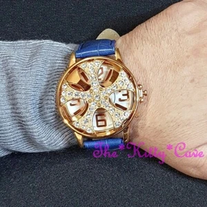 XL Gents Men Blue Leather Gold Rapper Spin Ice Pimp Bling Gangster Crystal Watch - Picture 1 of 11