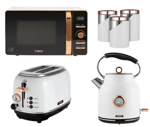 Tower Bottega White & Rose Gold Kettle 2 Slice Toaster Microwave & Canisters