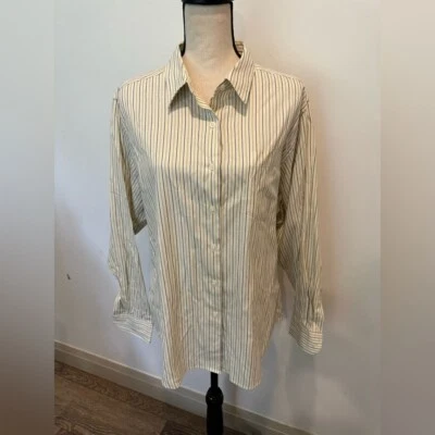 L.L. Bean men’s Striped Dress Shirt Office Oversized SZ 16 Cream Blue Pinstripe - Image 1 of 4