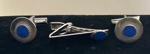 Vintage Silver Tone Blue Cufflinks & Tie Bar Set CL-25 - Picture 1 of 6