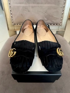 Gucci GG Marmont Suede Flats in Black Size 38.5 Pre Loved w/Box & Dust Bag - Picture 1 of 10