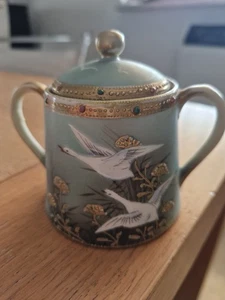 Antique Nippon Hand Painted Flying Geese Sugar Bowl-Japan Zuccheriera Giapponese - Foto 1 di 9