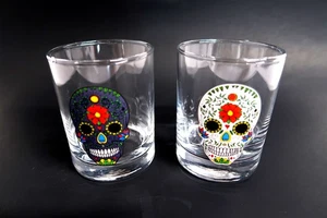 2 Circleware Sugar Skull Glasses Day of the Dead Skulls Nice LOT Two Different - Picture 1 of 6